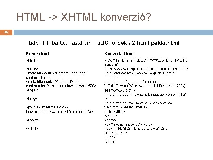 HTML -> XHTML konverzió? 46 tidy -f hiba. txt -asxhtml -utf 8 -o pelda