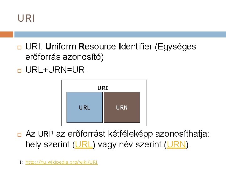 URI URI: Uniform Resource Identifier (Egységes erőforrás azonosító) URL+URN=URI URL URN Az URI 1