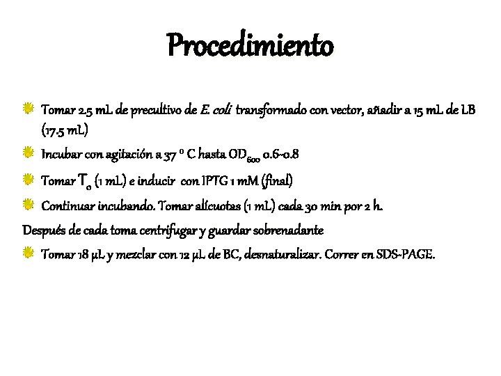 Procedimiento Tomar 2. 5 m. L de precultivo de E. coli transformado con vector,