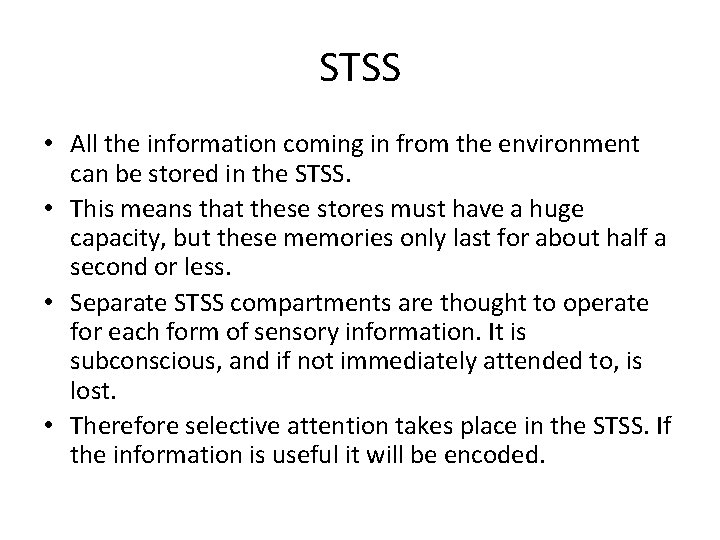 STSS • All the information coming in from the environment can be stored in