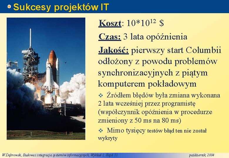 Sukcesy projektów IT Koszt: 10*1012 $ Czas: 3 lata opóźnienia Jakość: pierwszy start Columbii