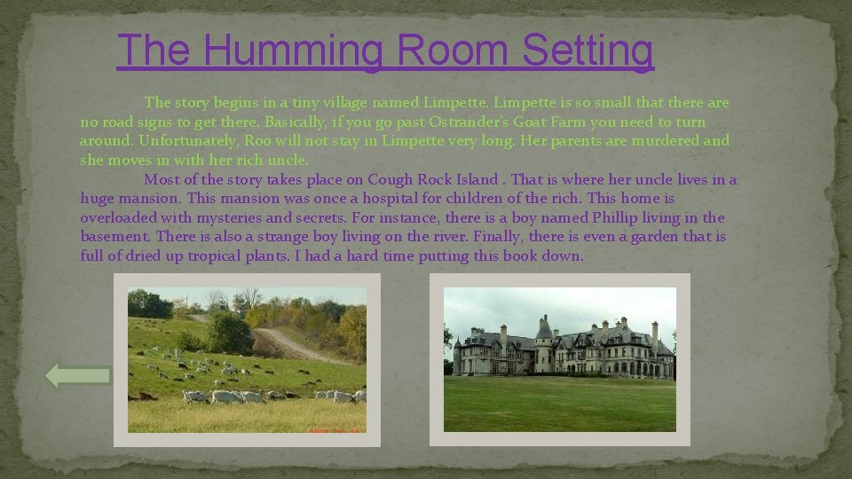 The Humming Room Setting The story begins in a tiny village named Limpette is