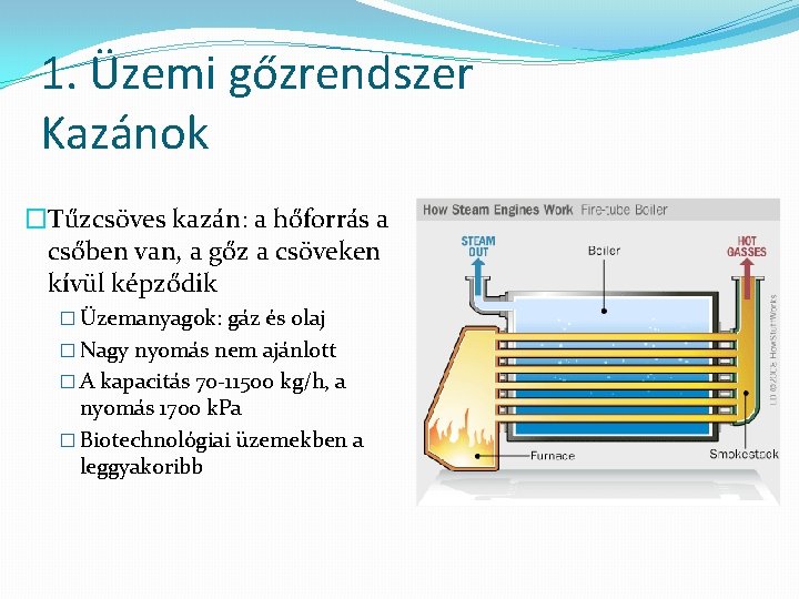 1. Üzemi gőzrendszer Kazánok �Tűzcsöves kazán: a hőforrás a csőben van, a gőz a