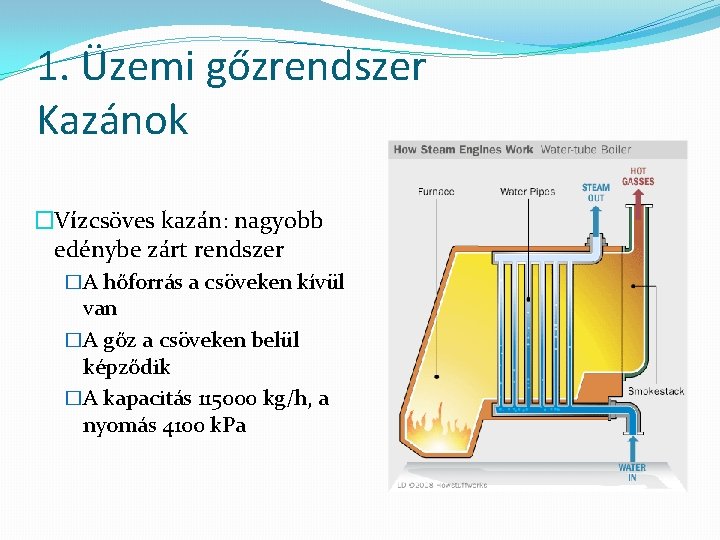 1. Üzemi gőzrendszer Kazánok �Vízcsöves kazán: nagyobb edénybe zárt rendszer �A hőforrás a csöveken