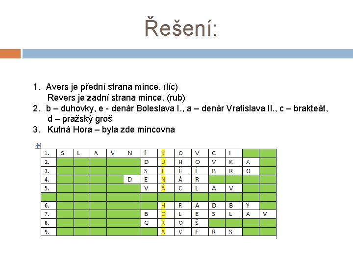 Řešení: 1. Avers je přední strana mince. (líc) Revers je zadní strana mince. (rub)