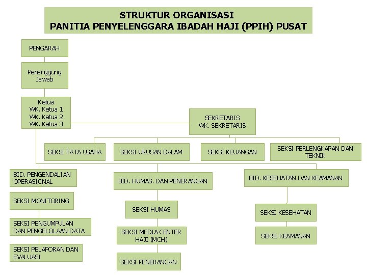 STRUKTUR ORGANISASI PANITIA PENYELENGGARA IBADAH HAJI (PPIH) PUSAT PENGARAH Penanggung Jawab Ketua WK. Ketua