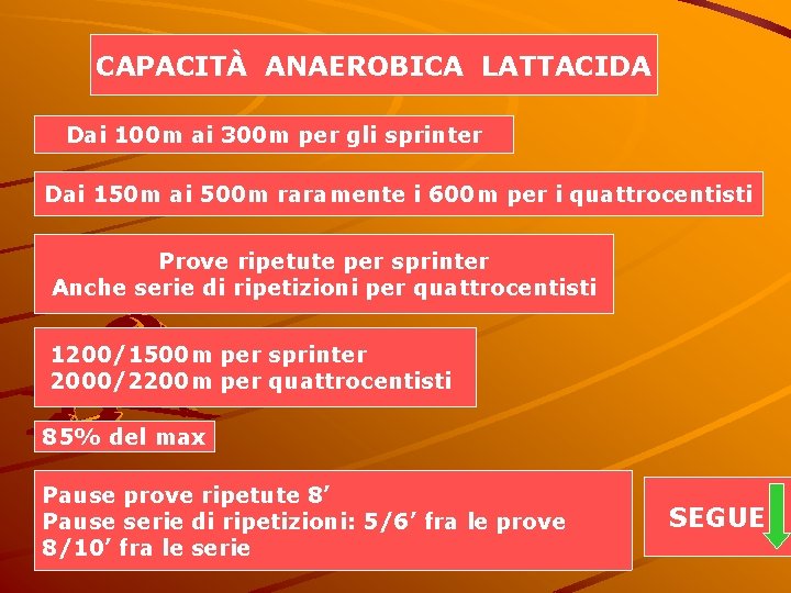 CAPACITÀ ANAEROBICA LATTACIDA Dai 100 m ai 300 m per gli sprinter Dai 150