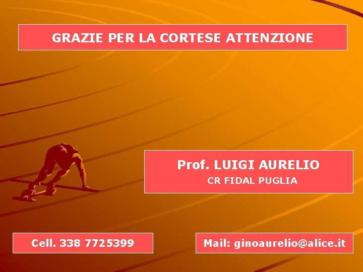 GRAZIE PER LA CORTESE ATTENZIONE Prof. LUIGI AURELIO CR FIDAL PUGLIA Cell. 338 7725399