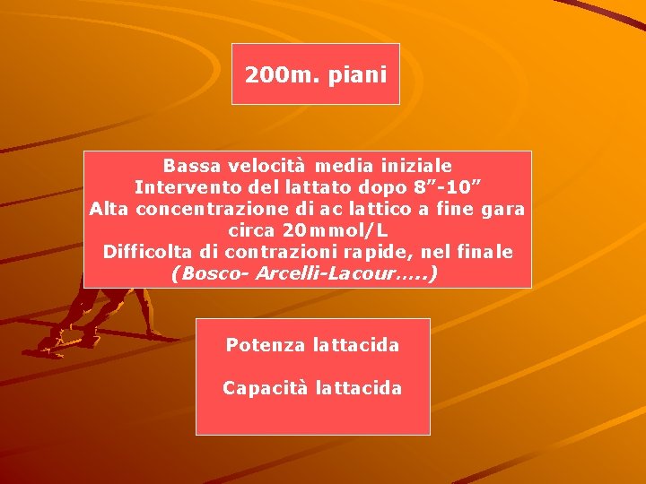 200 m. piani Bassa velocità media iniziale Intervento del lattato dopo 8”-10” Alta concentrazione