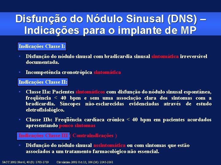 Disfunção do Nódulo Sinusal (DNS) – Indicações para o implante de MP Indicações Classe