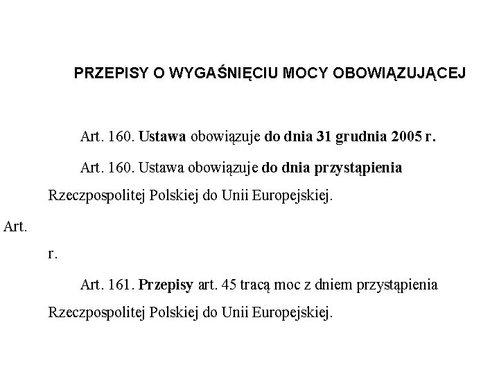 PRZEPISY O WYGAŚNIĘCIU MOCY OBOWIĄZUJĄCEJ Art. 160. Ustawa obowiązuje do dnia 31 grudnia 2005