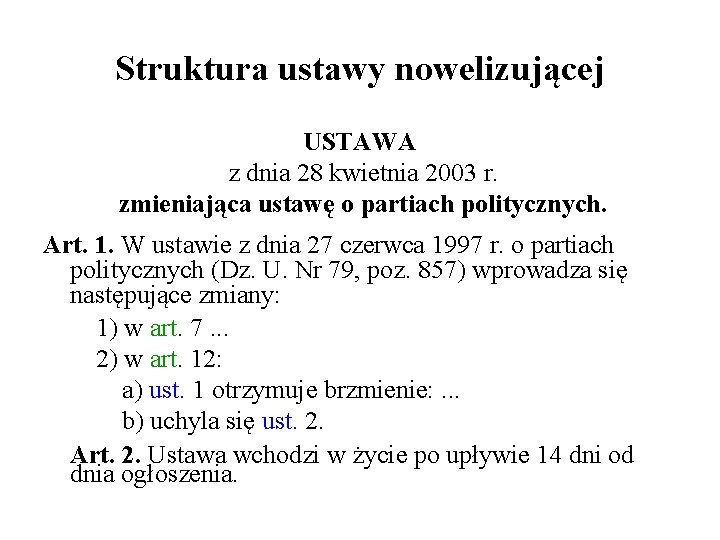 Struktura ustawy nowelizującej USTAWA z dnia 28 kwietnia 2003 r. zmieniająca ustawę o partiach