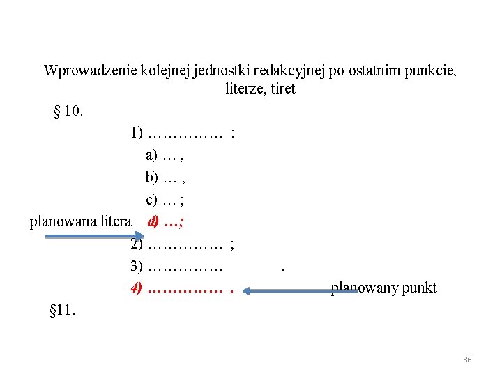 Wprowadzenie kolejnej jednostki redakcyjnej po ostatnim punkcie, literze, tiret § 10. 1) …………… :