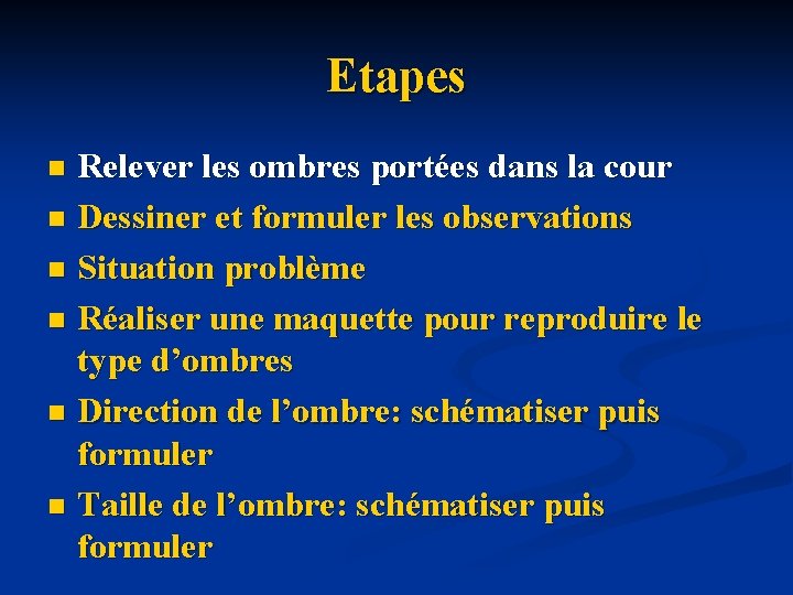 Etapes Relever les ombres portées dans la cour n Dessiner et formuler les observations