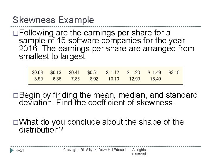 Skewness Example �Following are the earnings per share for a sample of 15 software