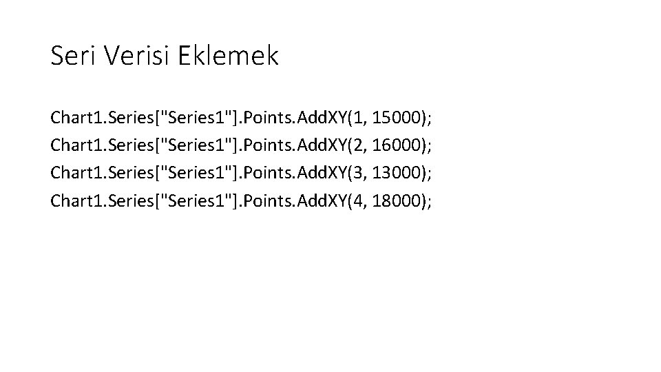 Seri Verisi Eklemek Chart 1. Series["Series 1"]. Points. Add. XY(1, 15000); Chart 1. Series["Series