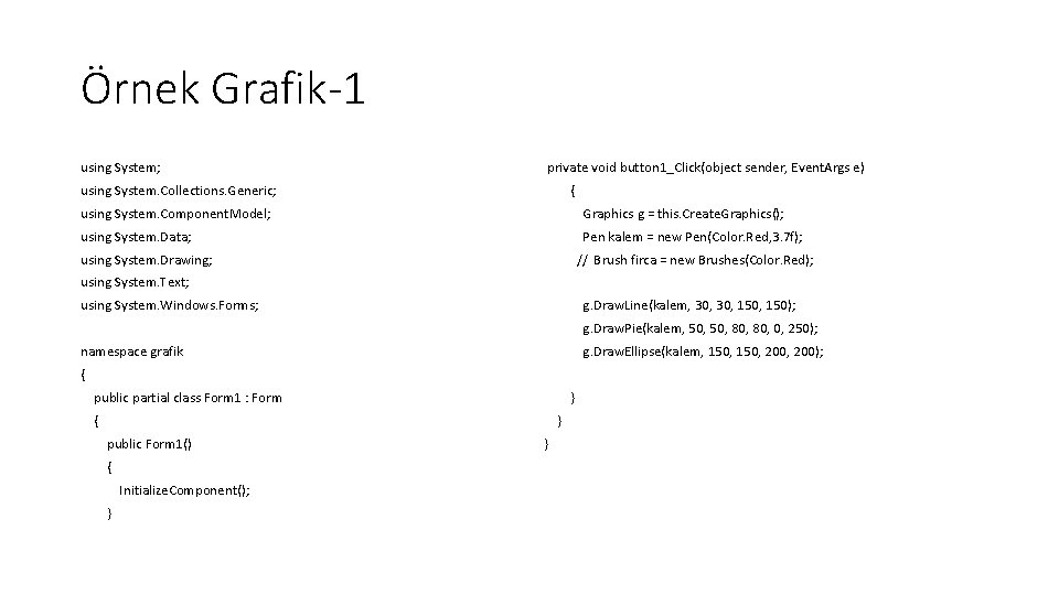 Örnek Grafik-1 using System; private void button 1_Click(object sender, Event. Args e) using System.