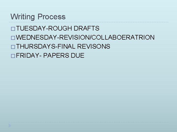 Writing Process � TUESDAY-ROUGH DRAFTS � WEDNESDAY-REVISION/COLLABOERATRION � THURSDAYS-FINAL REVISONS � FRIDAY- PAPERS DUE