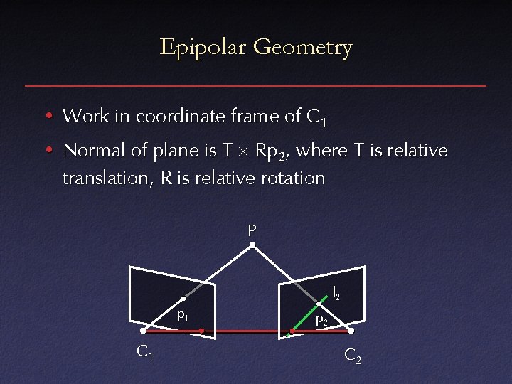 Epipolar Geometry • Work in coordinate frame of C 1 • Normal of plane