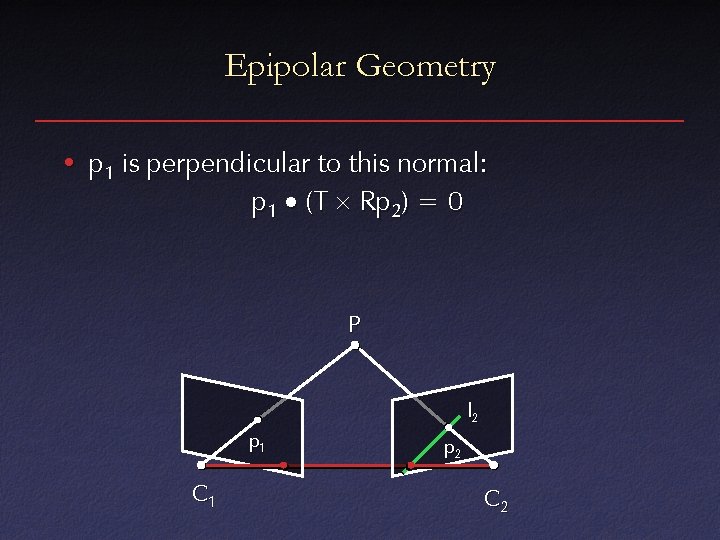 Epipolar Geometry • p 1 is perpendicular to this normal: p 1 (T Rp
