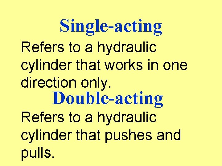Single-acting Refers to a hydraulic cylinder that works in one direction only. Double-acting Refers