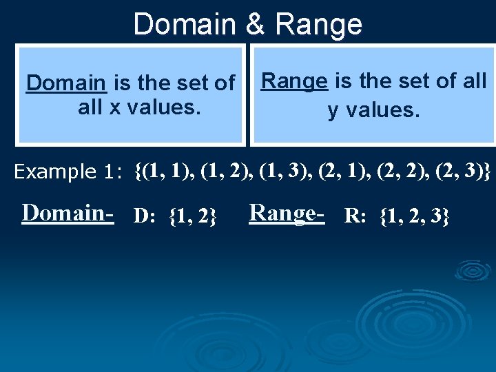 Domain & Range Domain is the set of all x values. Range is the