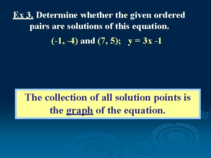 Ex 3. Determine whether the given ordered pairs are solutions of this equation. (-1,