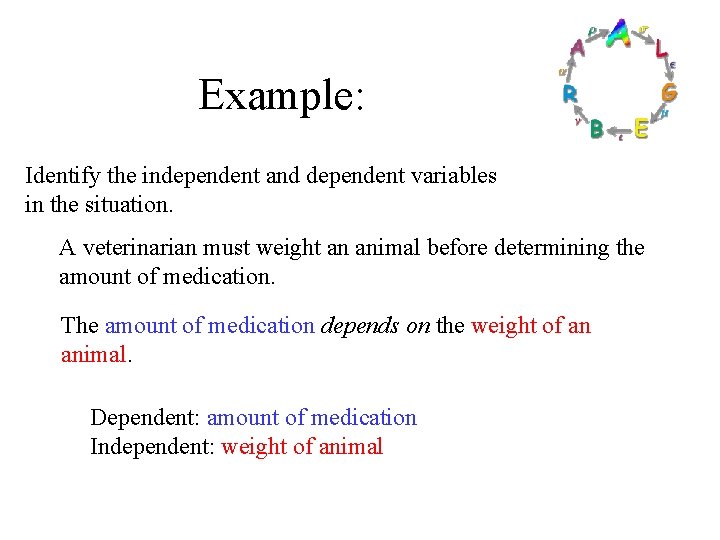 Example: Identify the independent and dependent variables in the situation. A veterinarian must weight