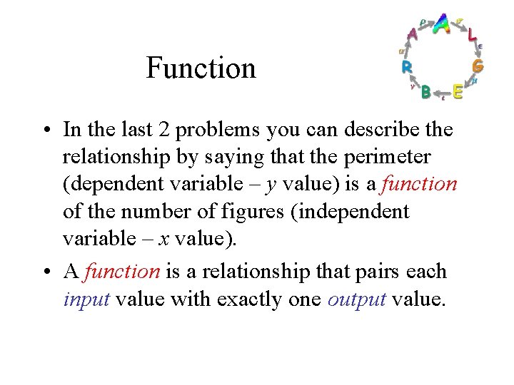 Function • In the last 2 problems you can describe the relationship by saying