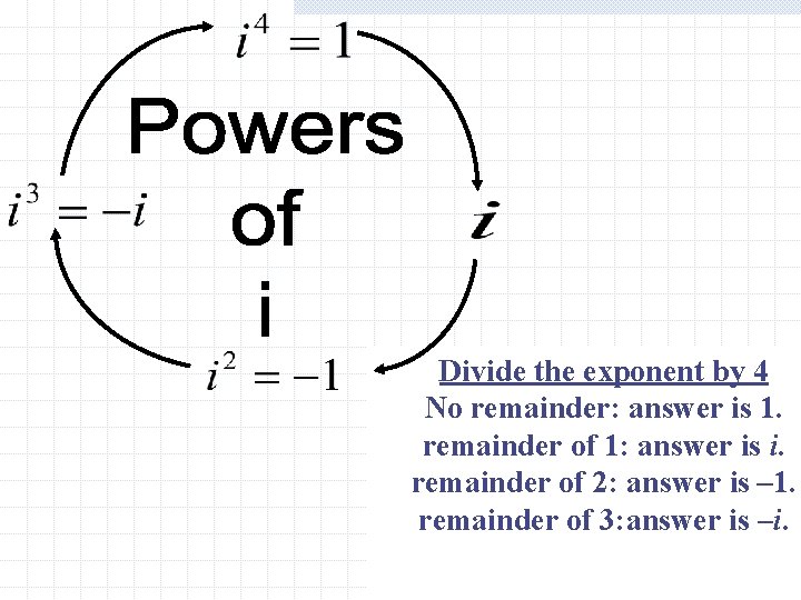 Divide the exponent by 4 No remainder: answer is 1. remainder of 1: answer