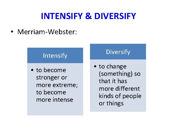 INTENSIFY & DIVERSIFY • Merriam-Webster: Intensify • to become stronger or more extreme; to