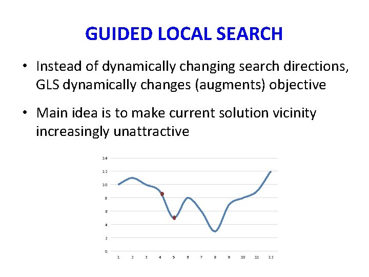 GUIDED LOCAL SEARCH • Instead of dynamically changing search directions, GLS dynamically changes (augments)