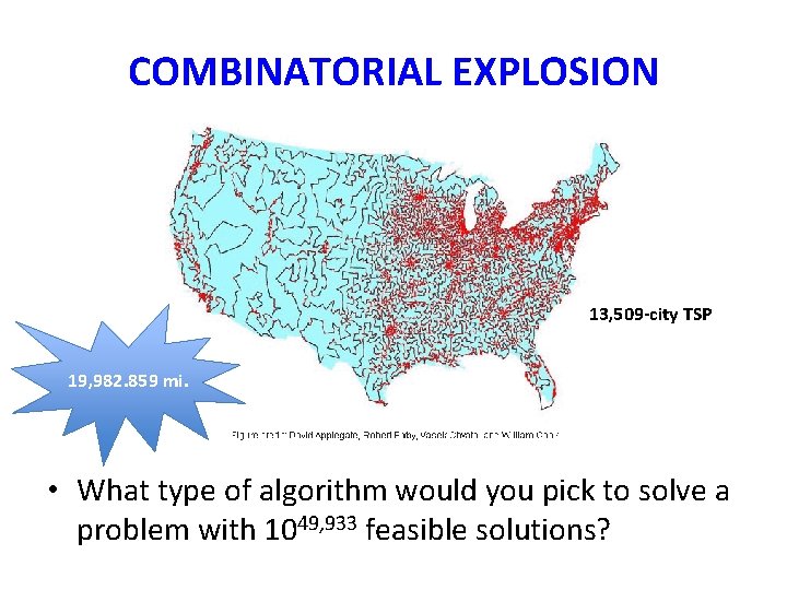 COMBINATORIAL EXPLOSION 13, 509 -city TSP 19, 982. 859 mi. • What type of COMBINATORIAL EXPLOSION 13, 509 -city TSP 19, 982. 859 mi. • What type of