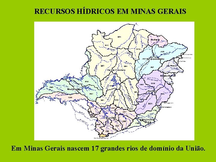 RECURSOS HÍDRICOS EM MINAS GERAIS Em Minas Gerais nascem 17 grandes rios de domínio