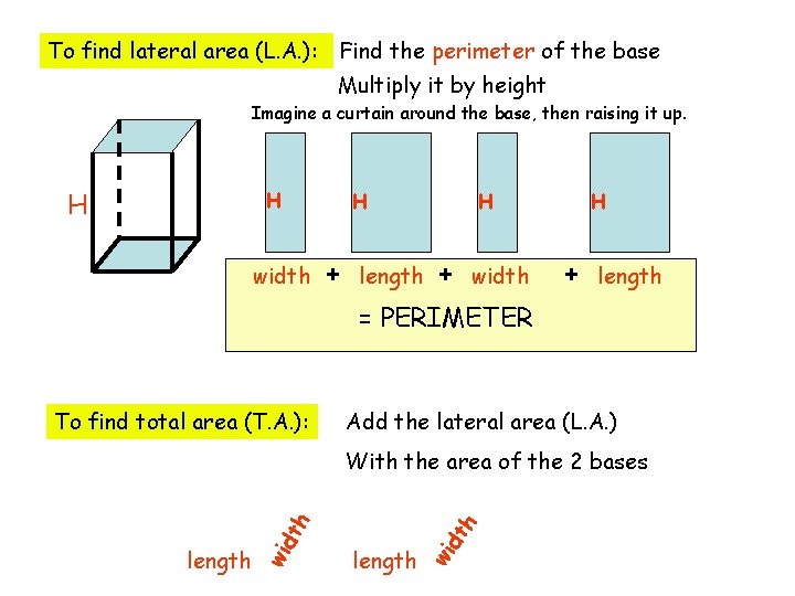 To find lateral area (L. A. ): Find the perimeter of the base Multiply