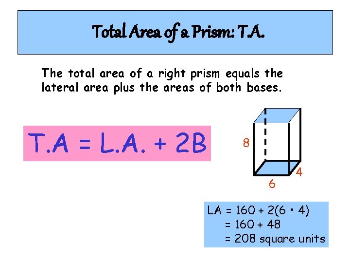 Total Area of a Prism: T. A. The total area of a right prism