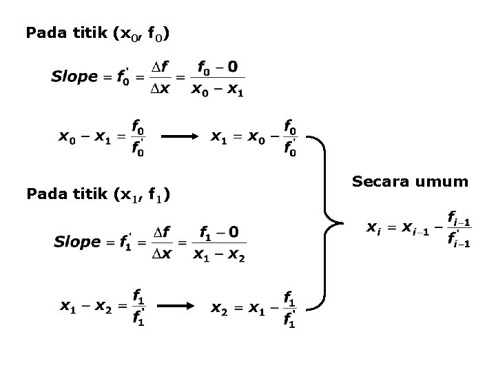 Pada titik (x 0, f 0) Pada titik (x 1, f 1) Secara umum Pada titik (x 0, f 0) Pada titik (x 1, f 1) Secara umum