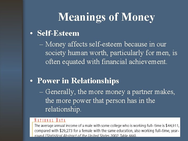 Meanings of Money • Self-Esteem – Money affects self-esteem because in our society human