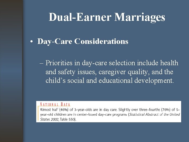 Dual-Earner Marriages • Day-Care Considerations – Priorities in day-care selection include health and safety