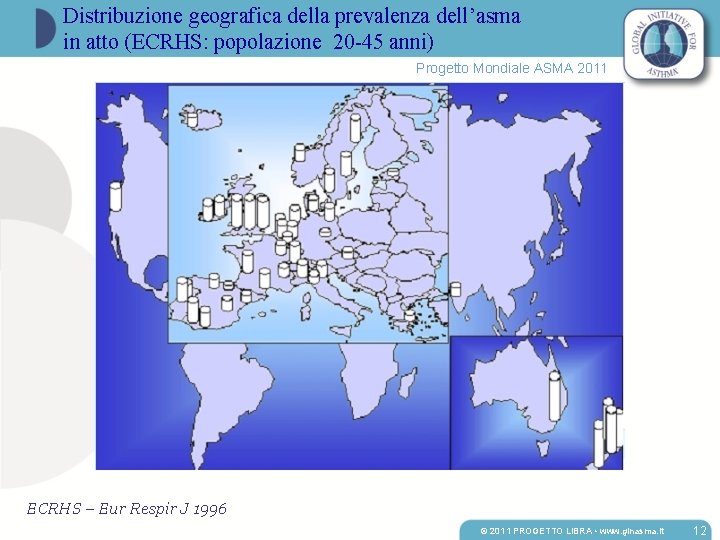 Distribuzione geografica della prevalenza dell’asma in atto (ECRHS: popolazione 20 -45 anni) Progetto Mondiale