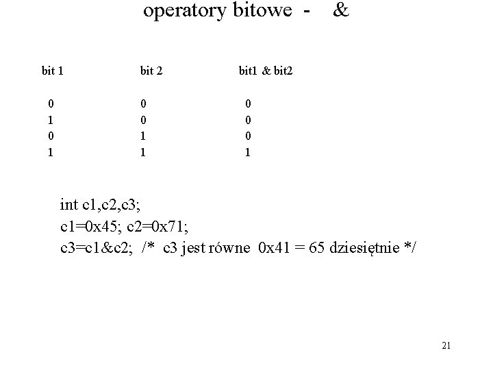 operatory bitowe bit 1 0 1 bit 2 0 0 1 1 & bit