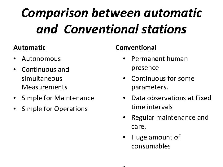 Comparison between automatic and Conventional stations Automatic • Autonomous • Continuous and simultaneous Measurements