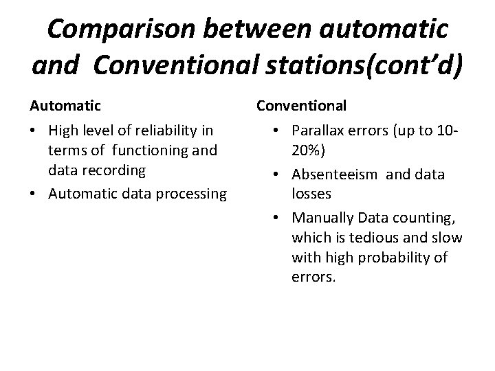 Comparison between automatic and Conventional stations(cont’d) Automatic • High level of reliability in terms