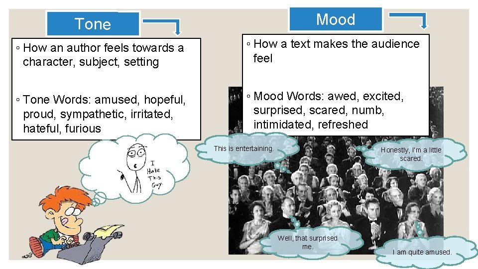 Mood Tone ◦ How an author feels towards a character, subject, setting ◦ How