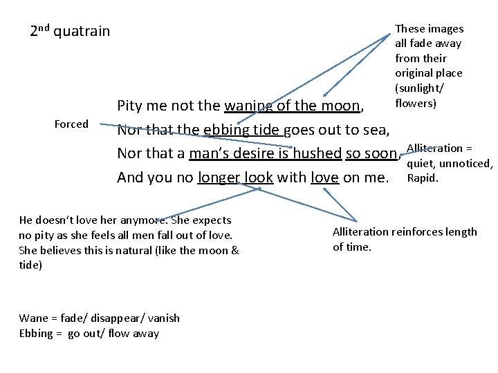 2 nd quatrain Forced These images all fade away from their original place (sunlight/