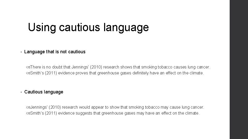 Using cautious language • Language that is not cautious There is no doubt that