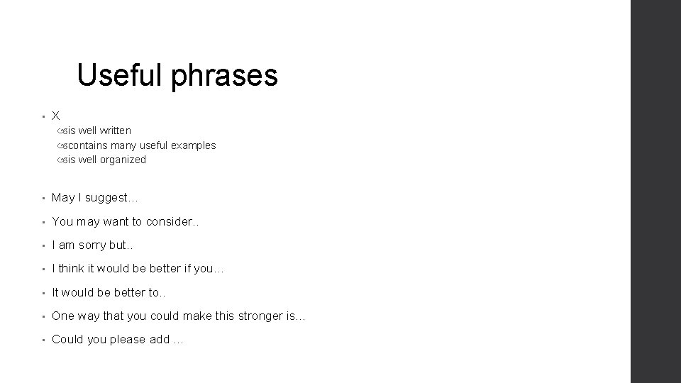 Useful phrases • X is well written contains many useful examples is well organized