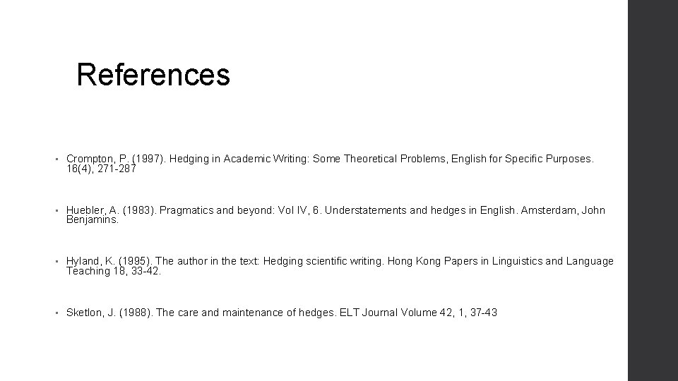 References • Crompton, P. (1997). Hedging in Academic Writing: Some Theoretical Problems, English for