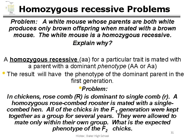 Homozygous recessive Problems Problem: A white mouse whose parents are both white produces only