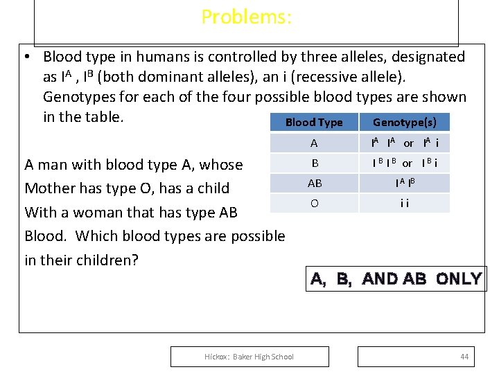 Problems: • Blood type in humans is controlled by three alleles, designated as IA